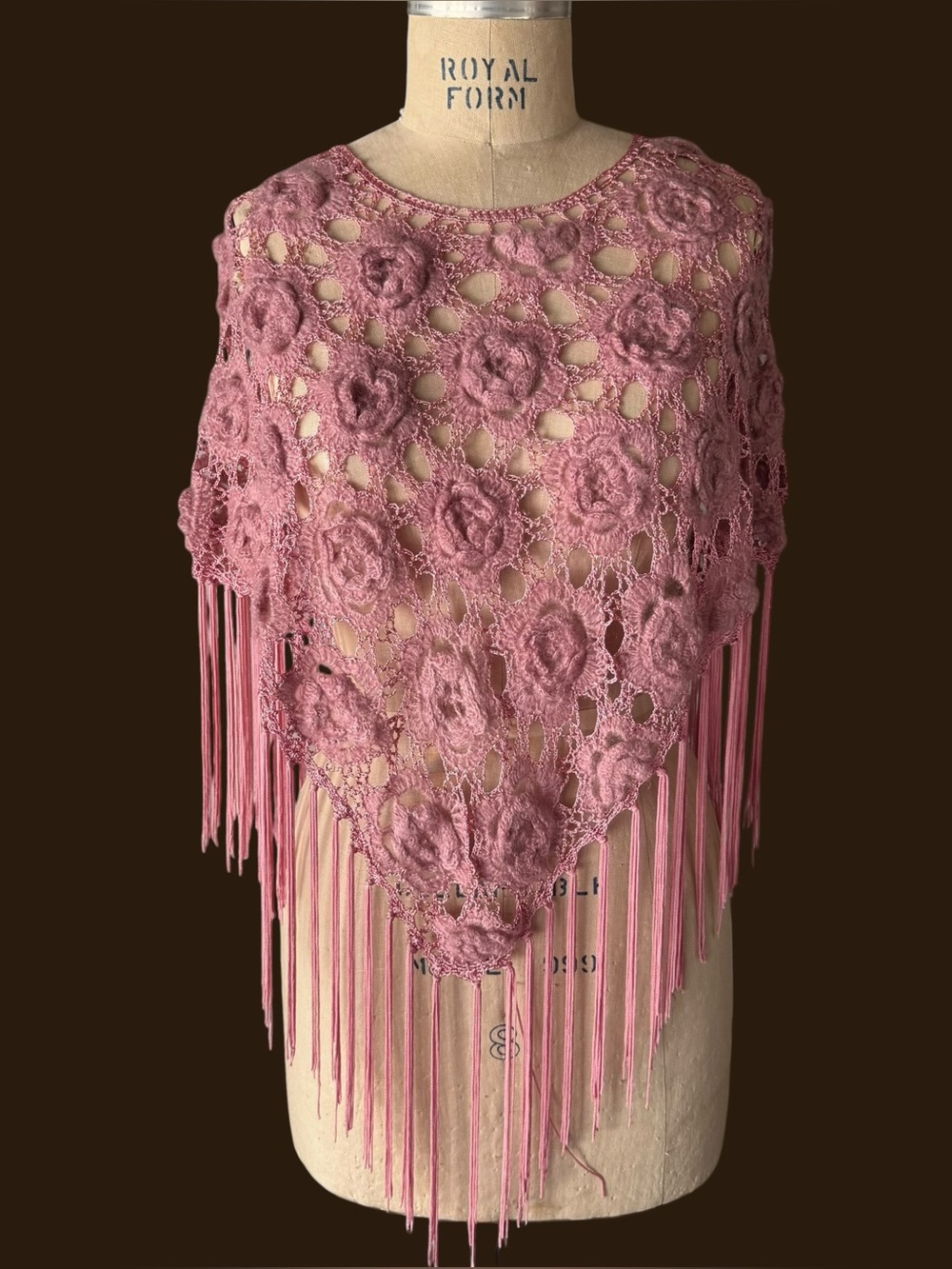 Vintage 90s Pink Floral Crochet Fringe Poncho